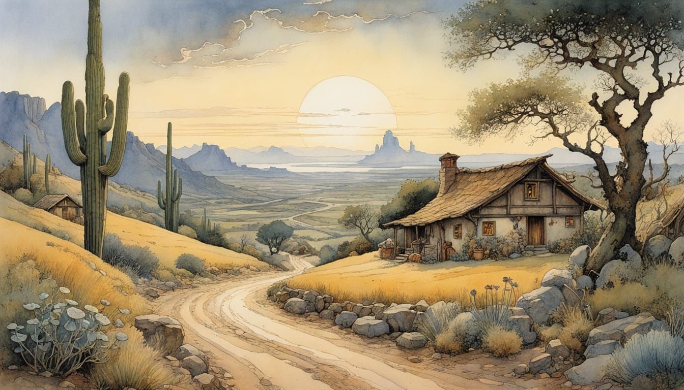 Arizona Night Storybook Illustration with Adobe House