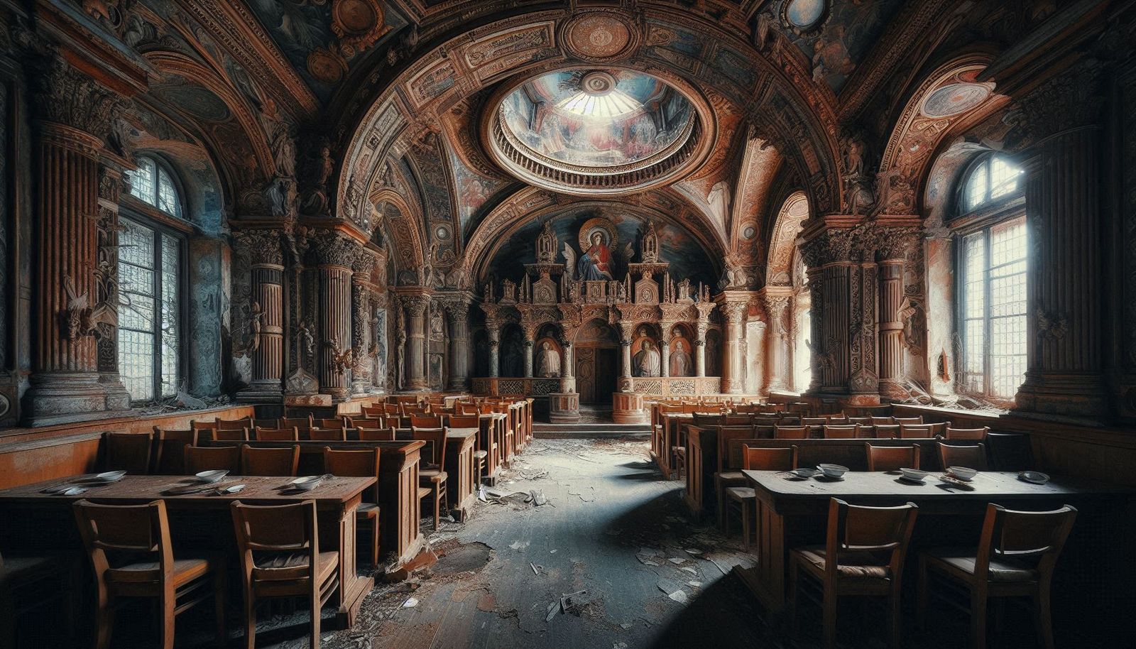 Interior of abandoned monastery diner