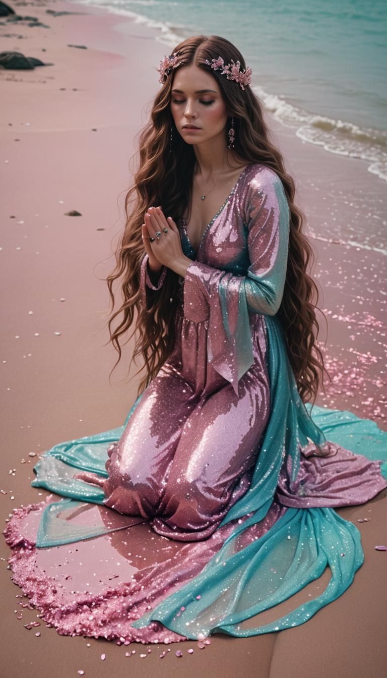 goddess with long brown hair wearing pink glitter high fashi...