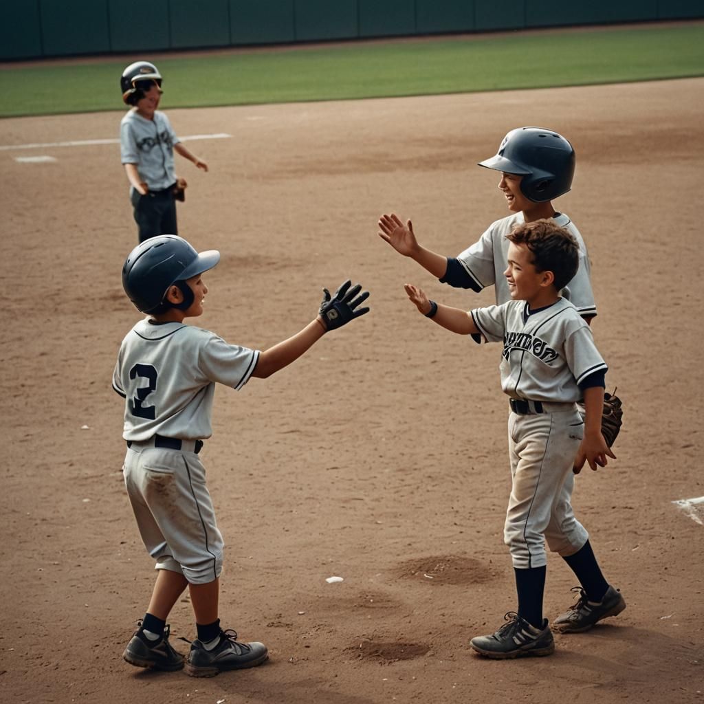 Two young boys giving each other a high five after a homerun...