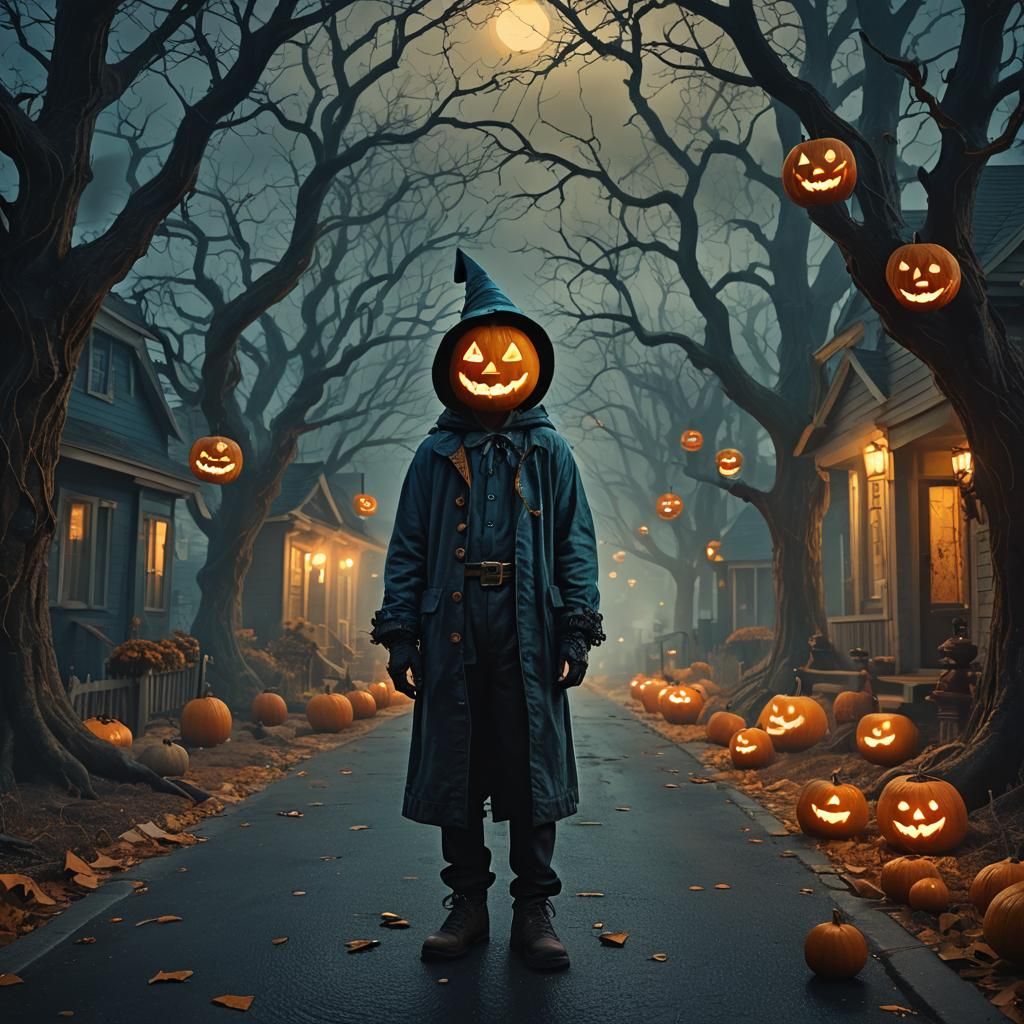 Eerie Halloween Night on Misty Street: Cinematic Digital Art