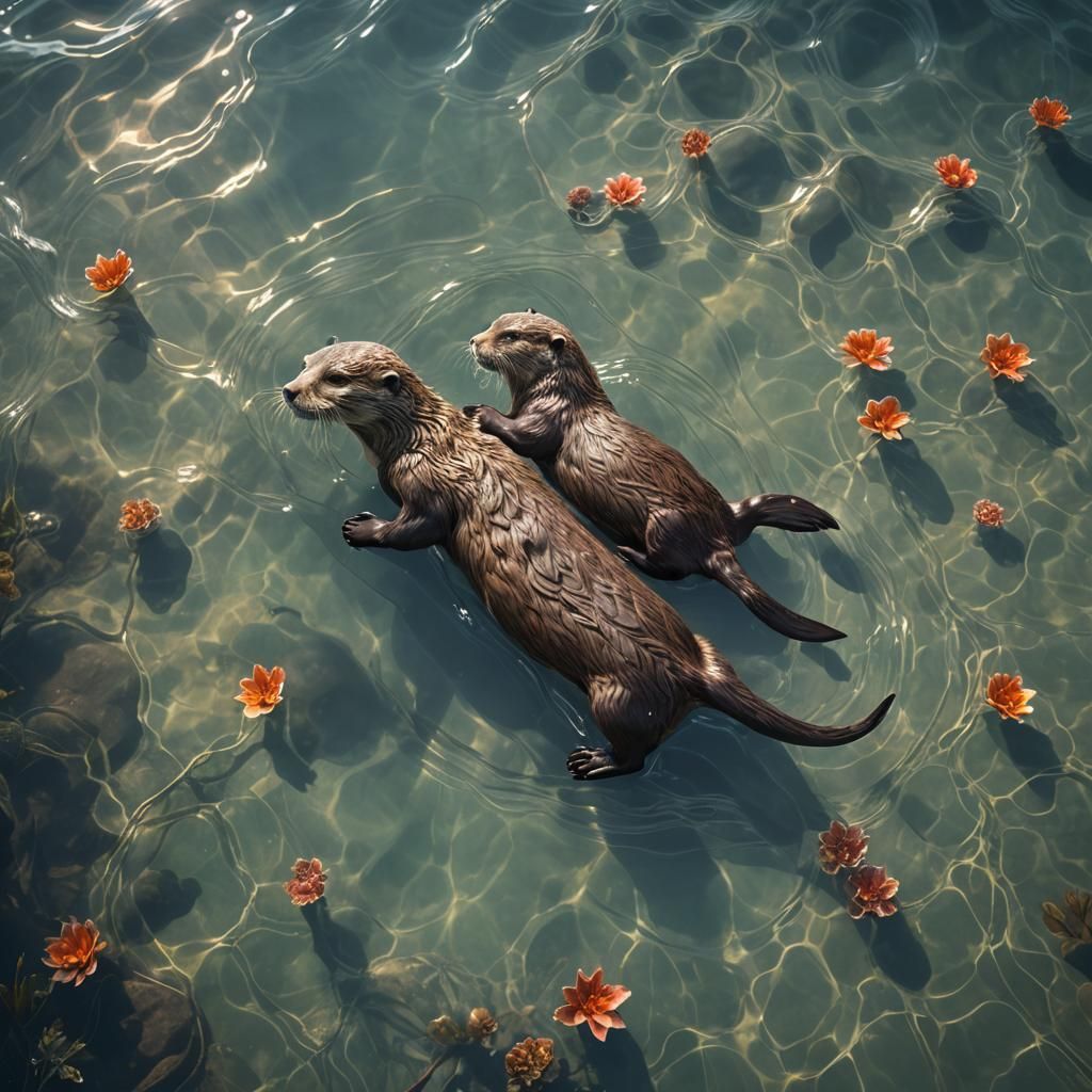 2 otters 🦦 holding hands while laying down on their backs o...