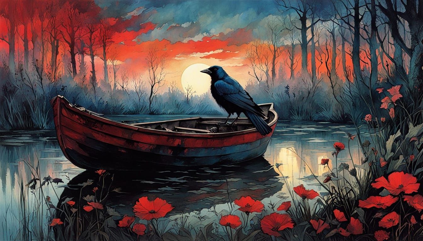 ((A stunning jackdaw with blue eyes)), dark sunset, a small boat on a swampy river, wildflowers, by c215, ...  by @Mr Classics
