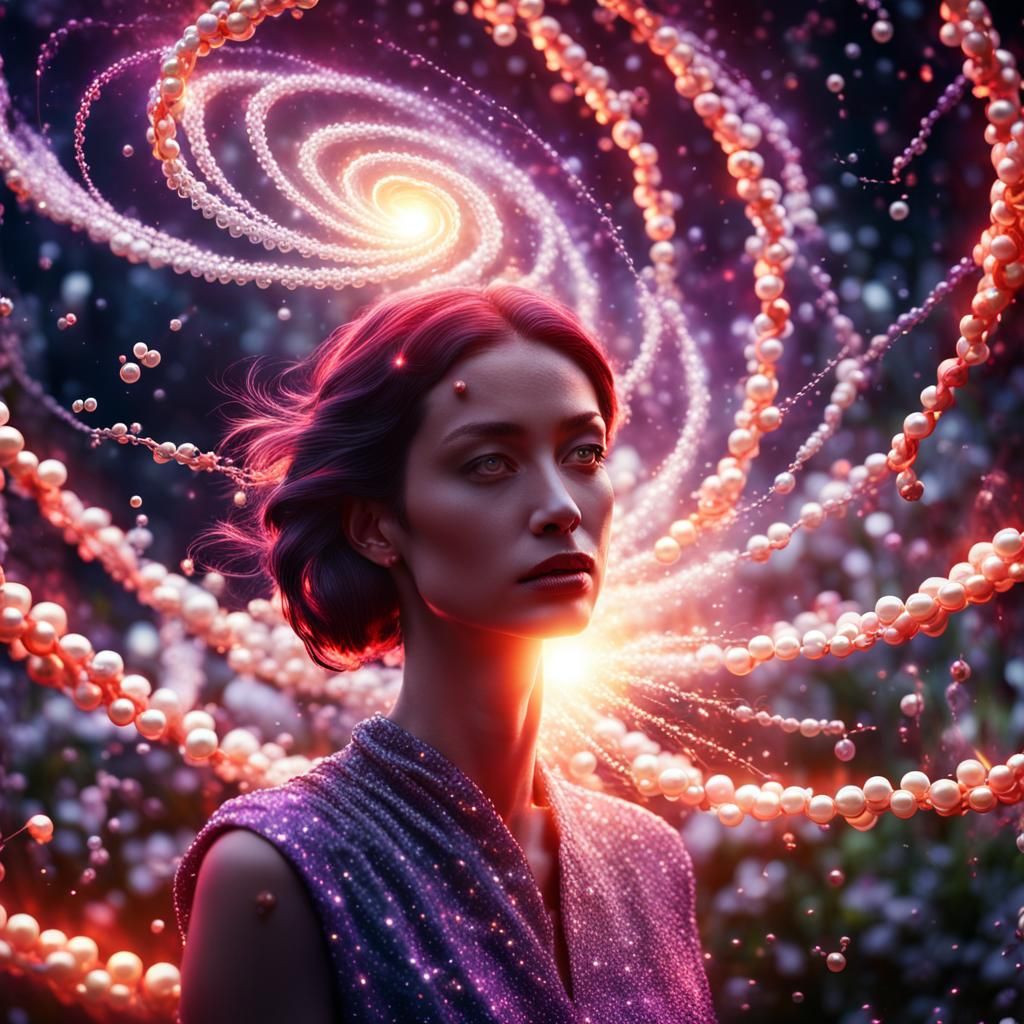 Woman in pearls A galactic vortex with thousands of red, sil...