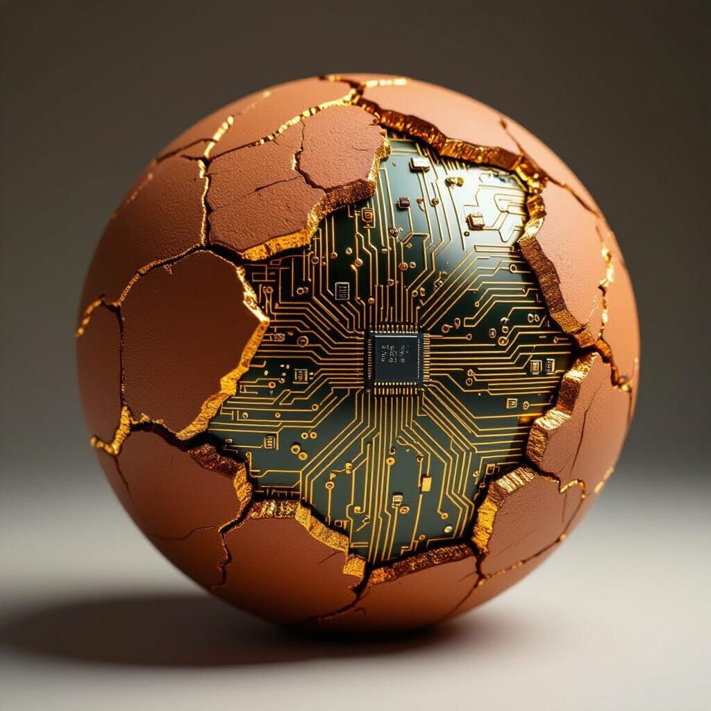 3. "Kintsugi Circuit"

At First Glance: A cracked, terracotta-colored sphere, with the cracks filled with shimmering, gold-leaf-like resin. ...