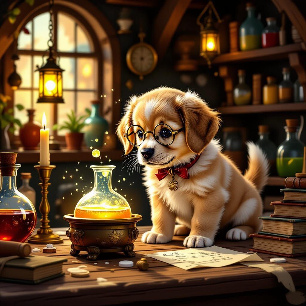 A cozy, cluttered alchemist's workshop bathed in the warm glow of enchanted lanterns. A golden retriever ...  by @Teresa Chong