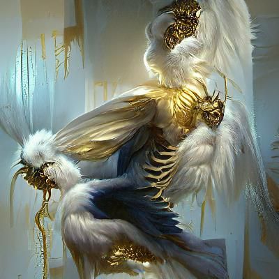 Angel with large feathery wings spread out white and gold ac...