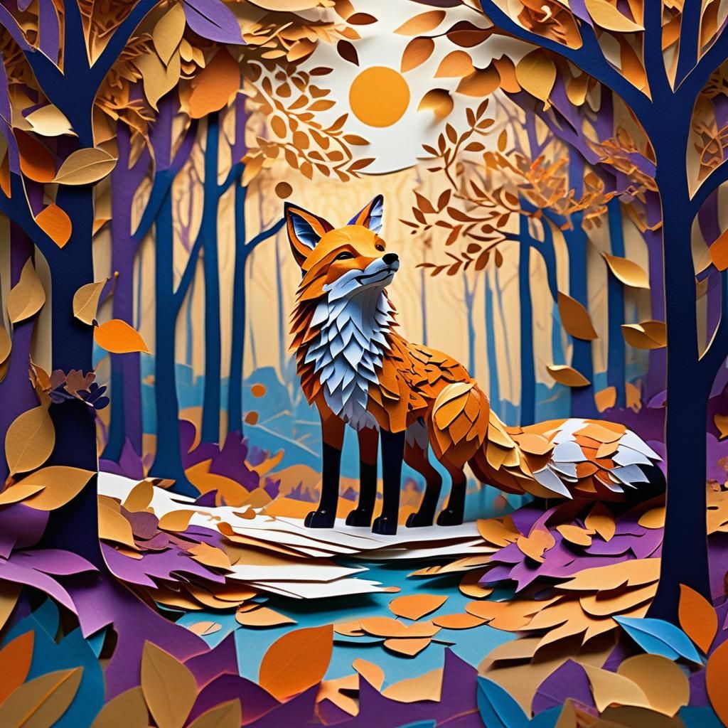 Fall paper collage art with a fox
