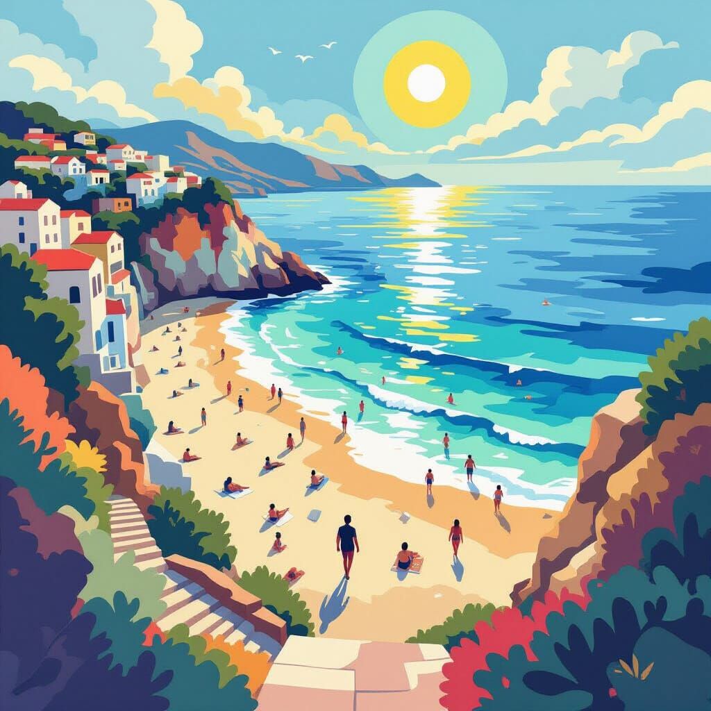 Aerial Beach View in Cubist Oil Painting Style