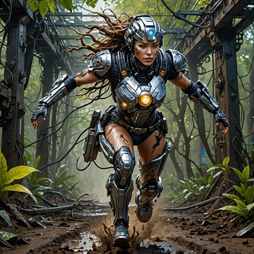 Woman Cyborg doing laps on a rainy forest - AI Generated Artwork ...