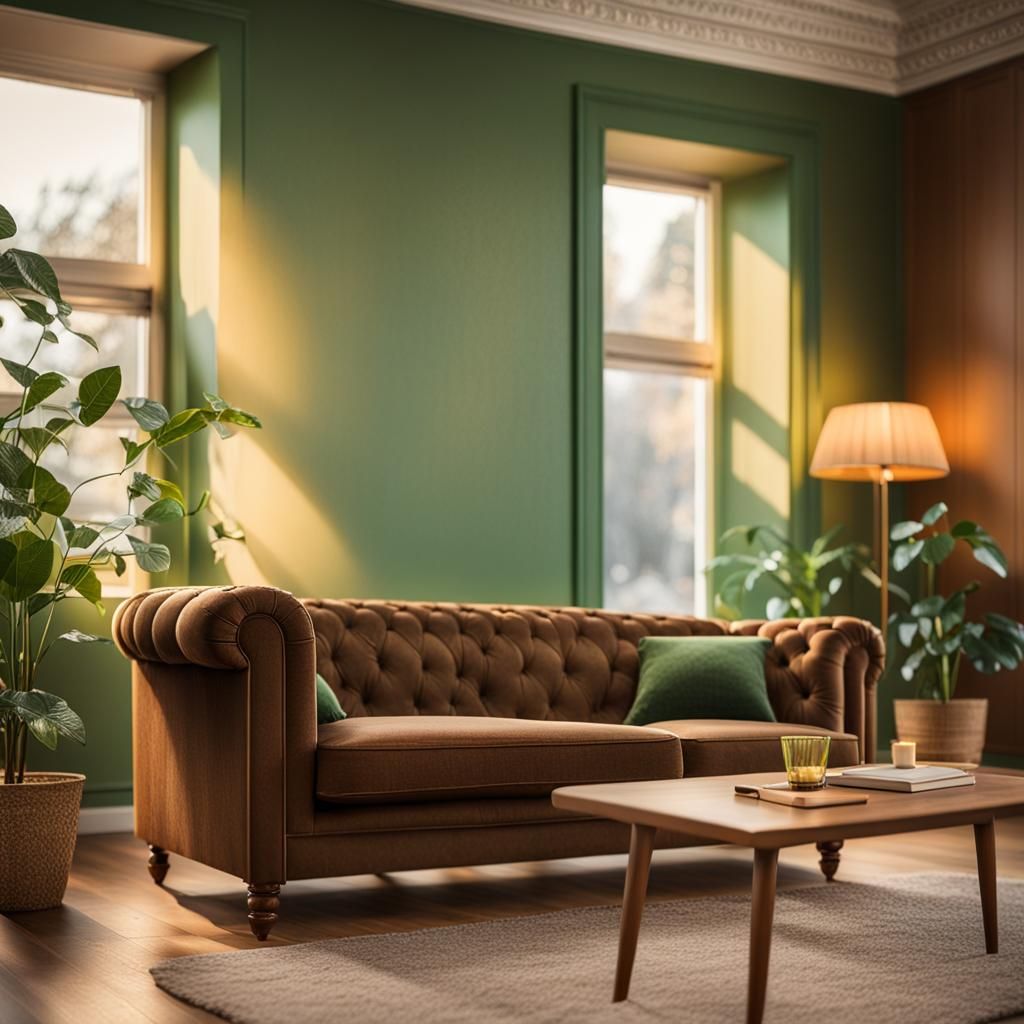 A working room in house, green color wallpaper, vintage styl...