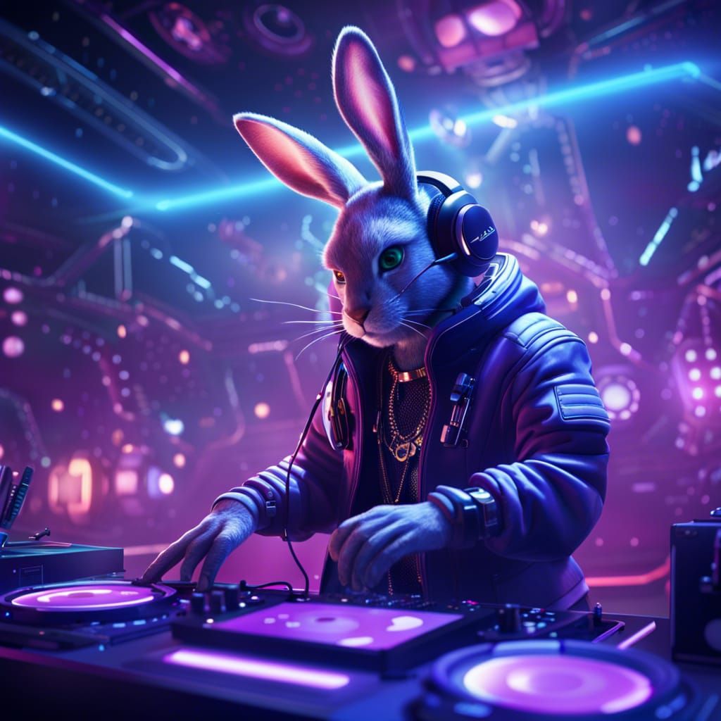dj purple rabbit dressed in sci fi clothing djing in a club in space  by @DJ_Purple_Rabbit