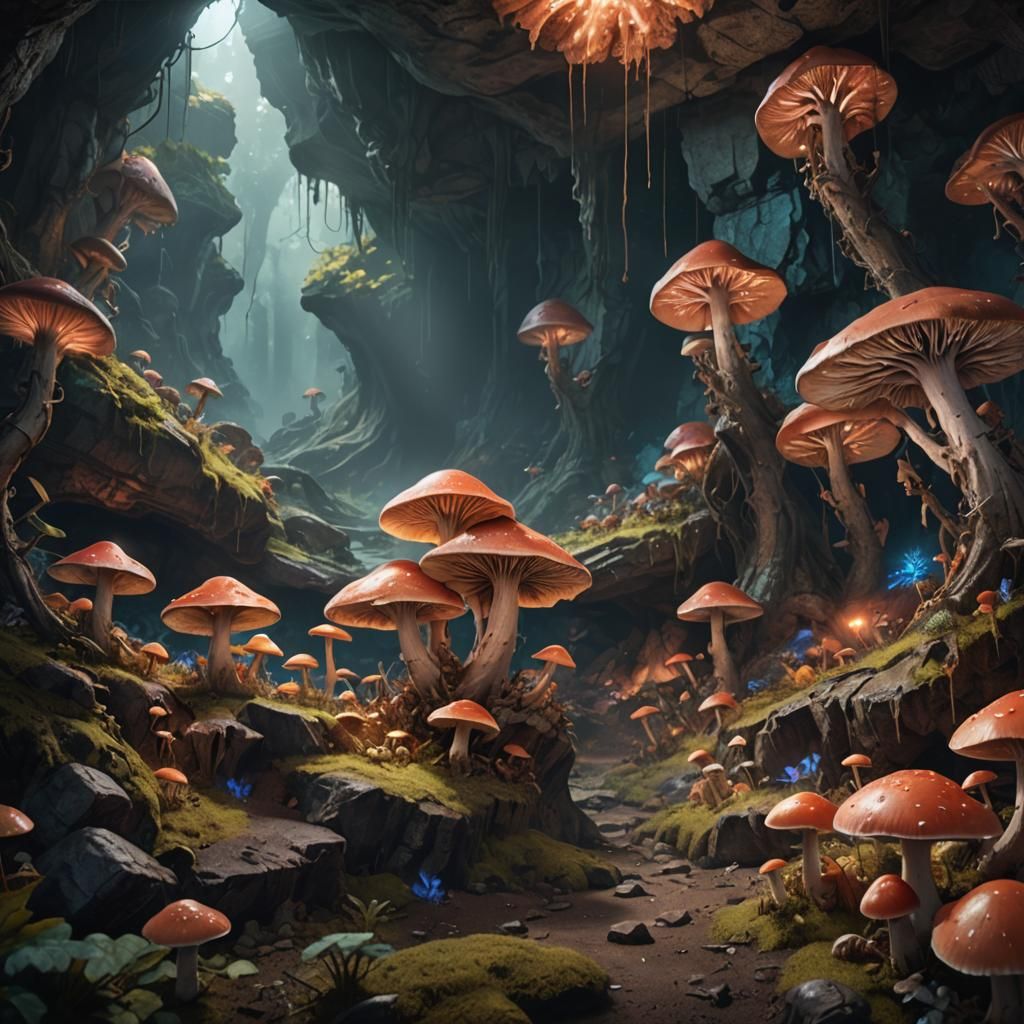 luminous funghi in a cave