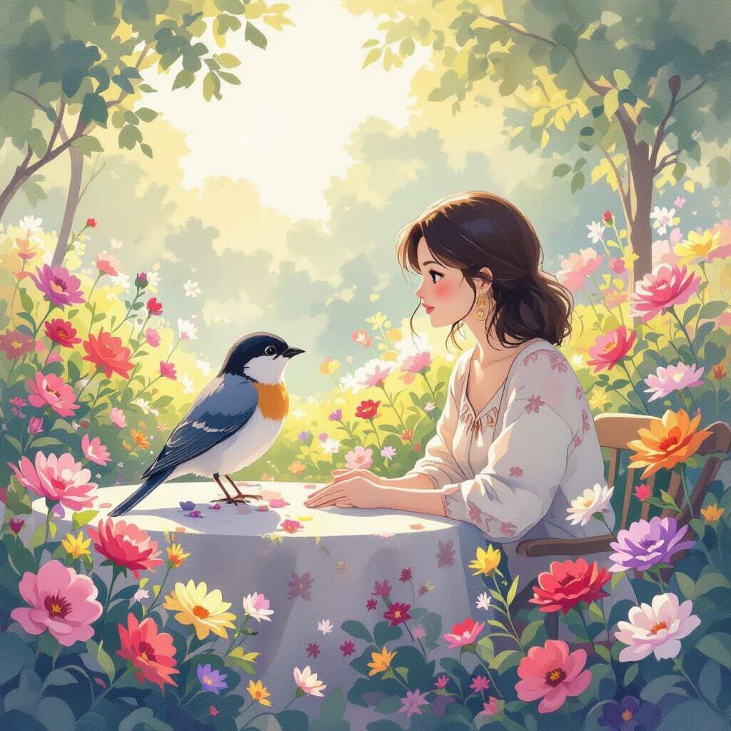 Woman and Bird Converse in Miyazaki-esque Garden