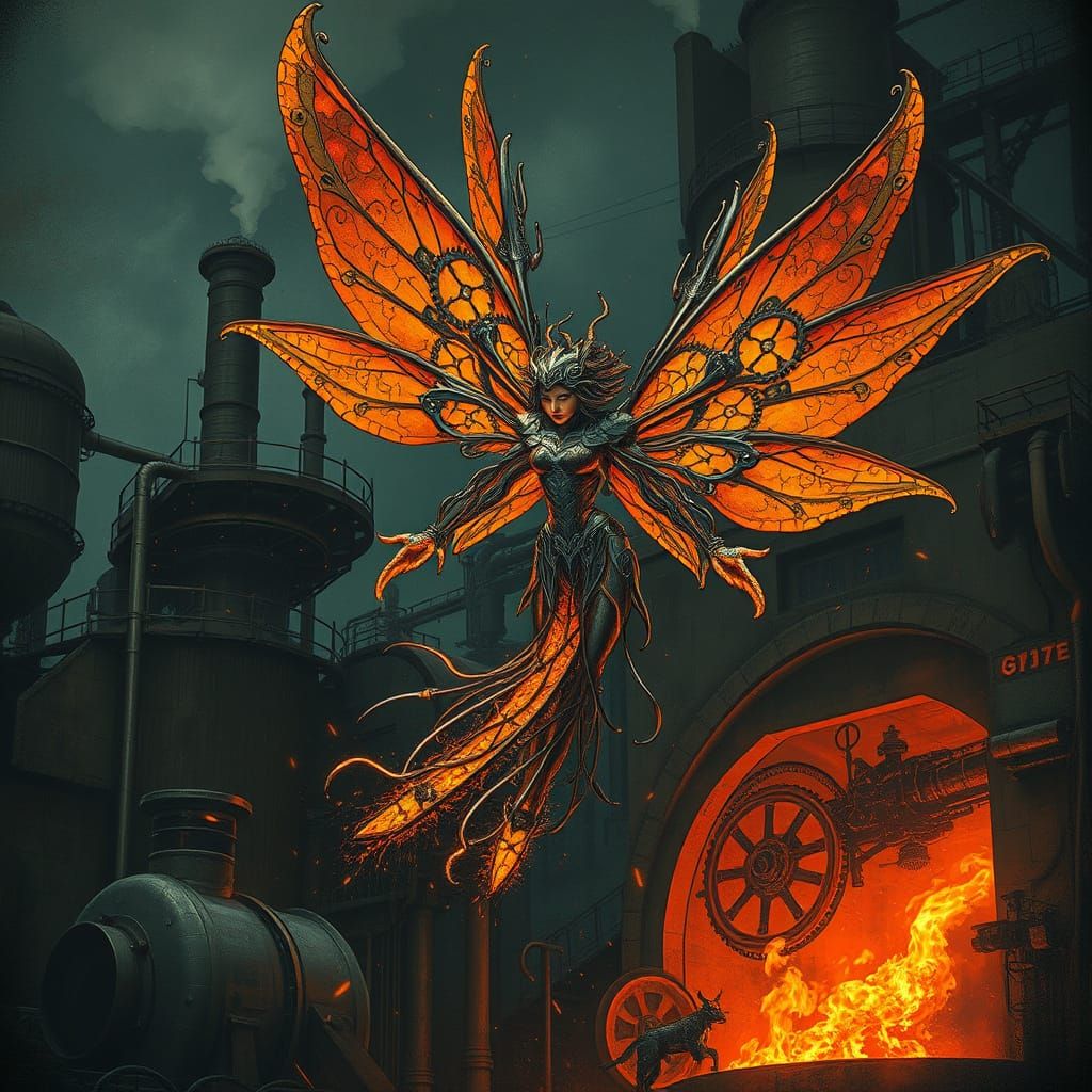 For today's challenge: An unconventional fairy, forged from molten metal and sparks, hovers near a colossal, ...  by @Maulkat