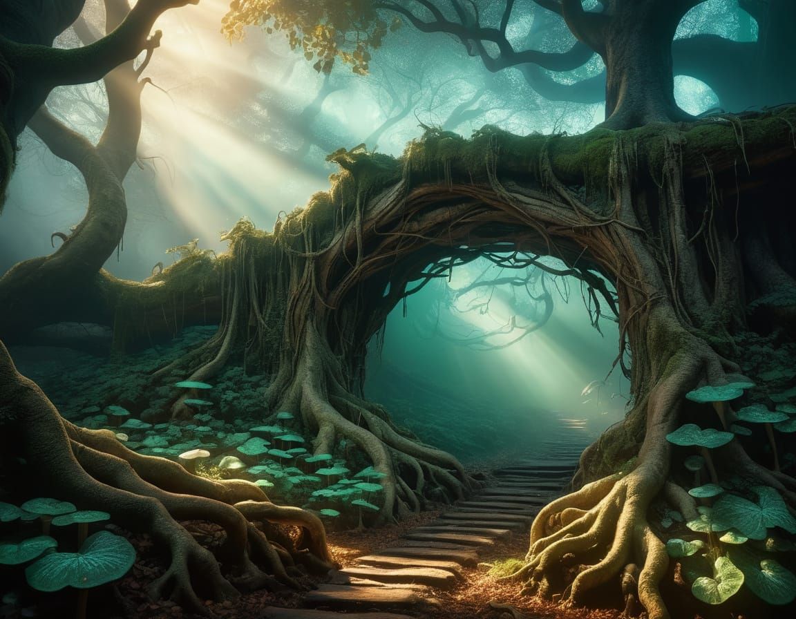 colossal bridge made of interwoven tree roots, arching over a misty chasm in a primeval forest. ...  by @Susi