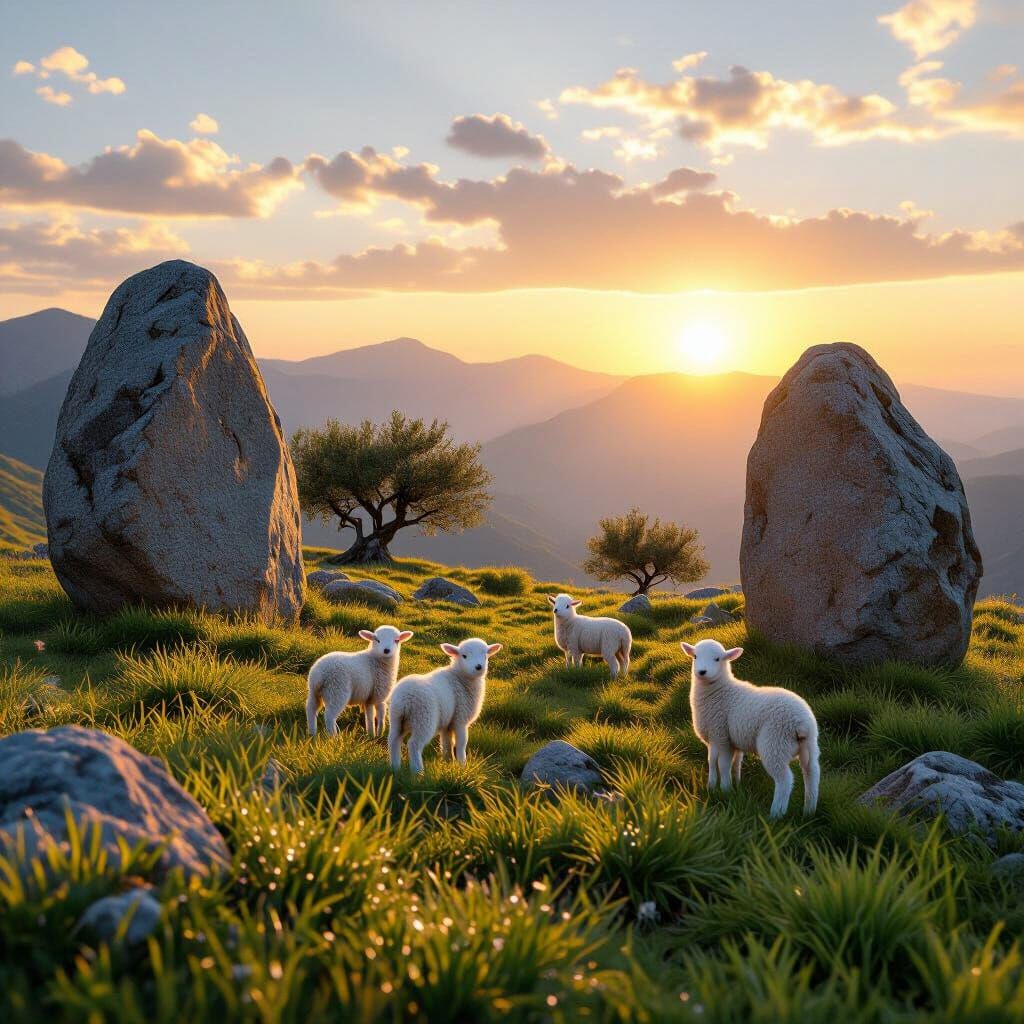 Гиперреалистичная кинематографическая сцена.
Большие древние камни выступают на вершине горы, покрытой очень густой, ярко-зеленой травой.
Ме...