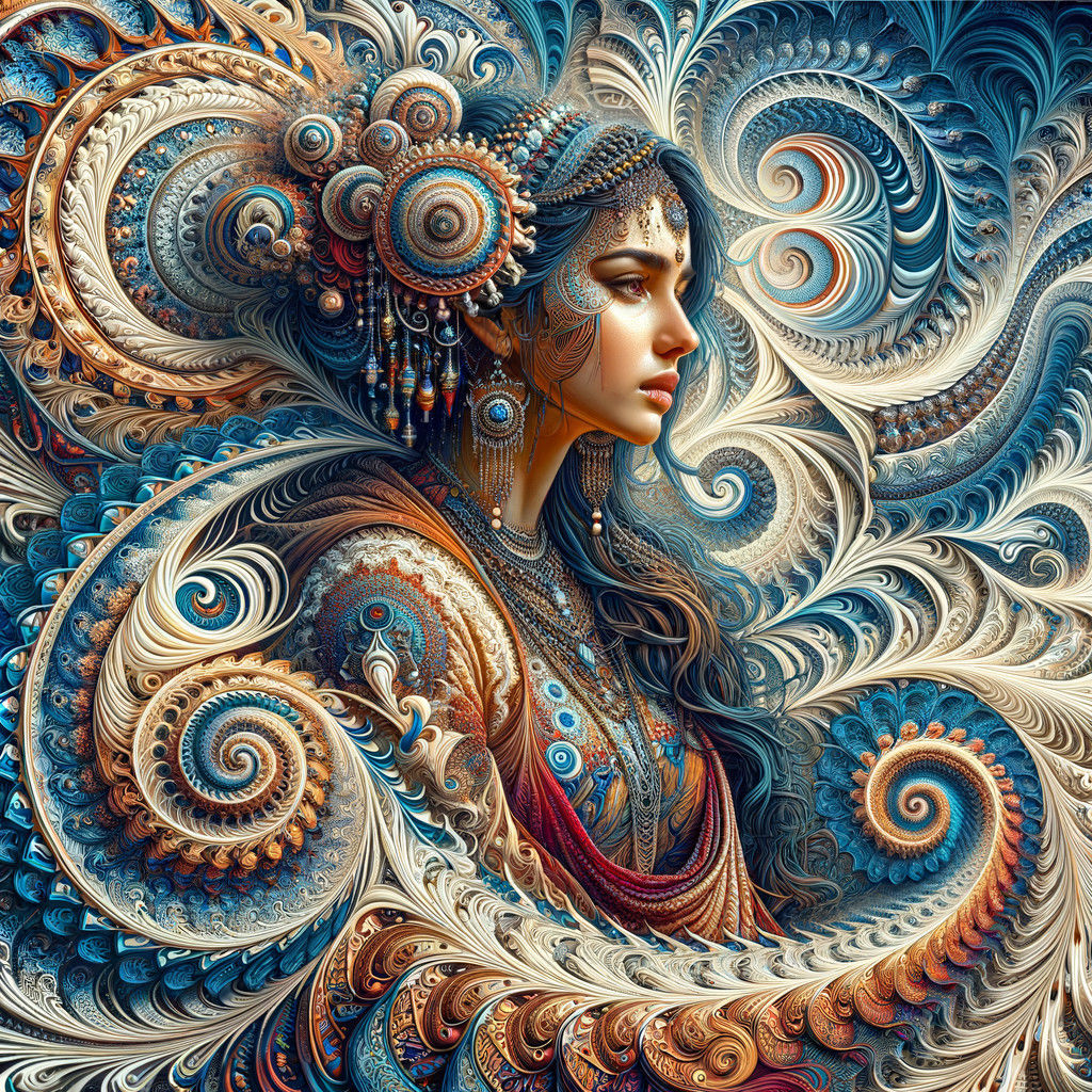 Ornate Jewel-Adorned Woman: Metallic Swirls