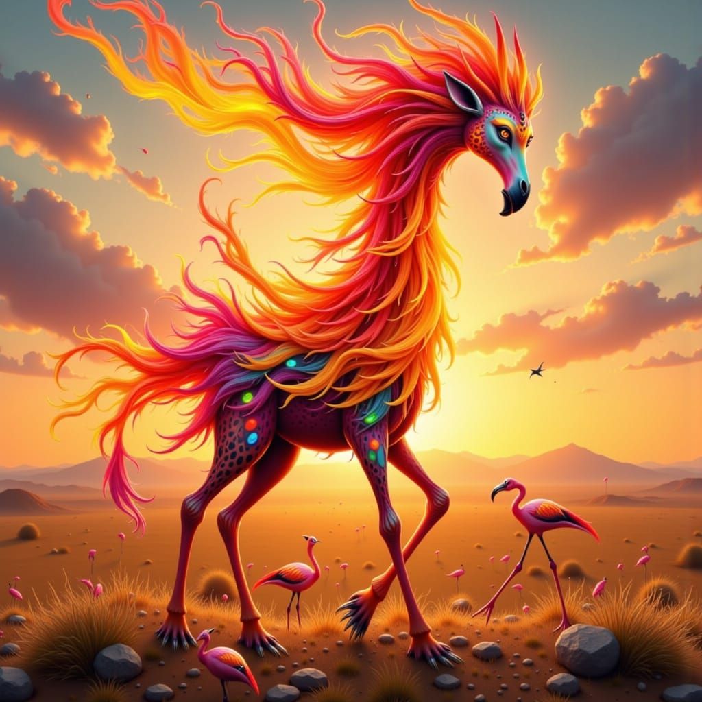 Vibrant fire-flamingo-giraffe hybrid, wearing flowing, feathered plumage, spotted fur, and wild, fiery hair, roaming a sun-kissed savannah a...