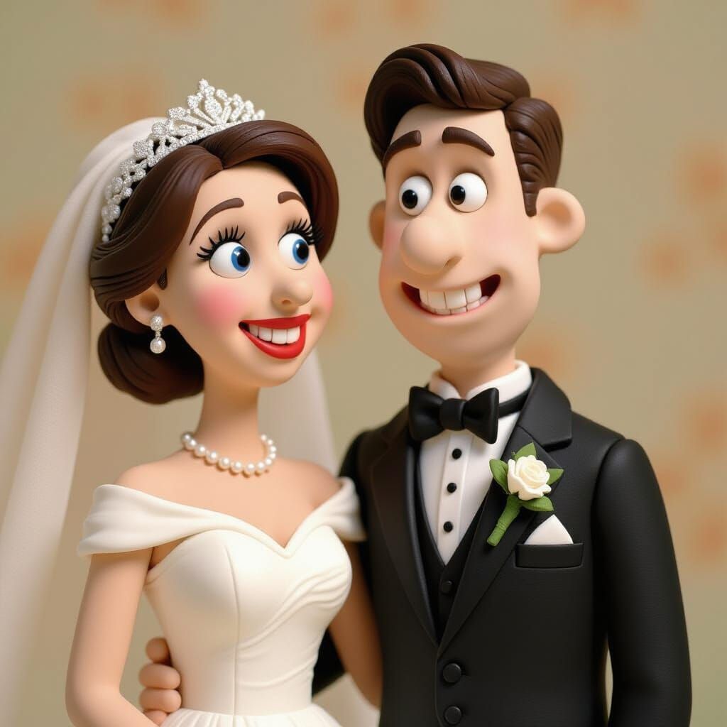 Claymation Sculpture of Smiling Bride and Groom