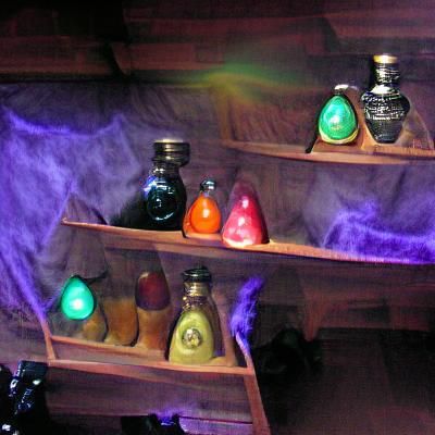 Witches shelf of potions with different colored light inside