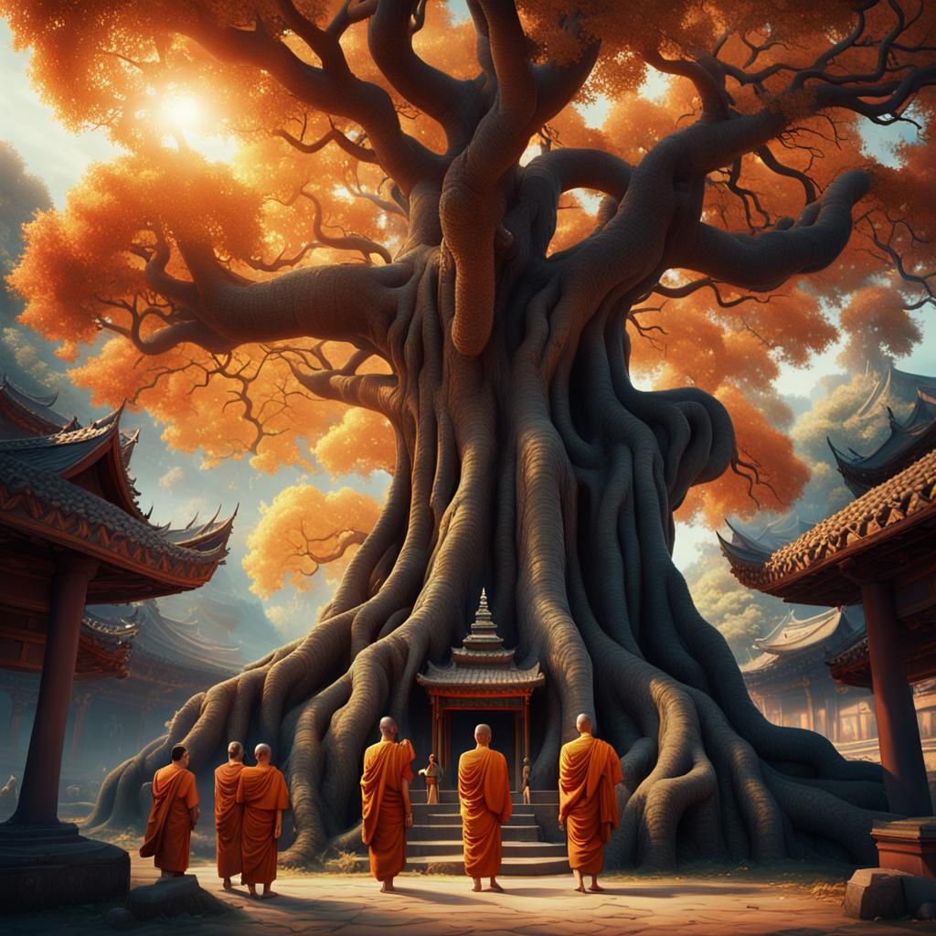 Monks Gather Under Bodhi Tree in Cinematic Style