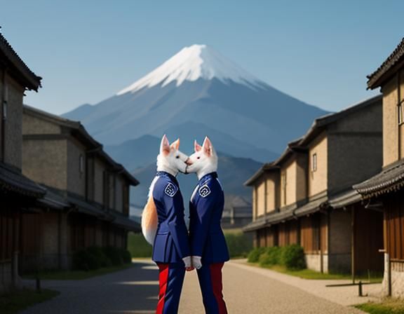 2 identical twin kitsune, wearing identical uniforms. Kissin...