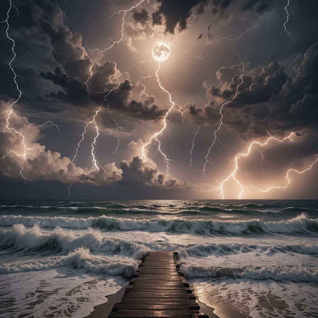Sea waves moon stars path heartbroken phenomenal lightning