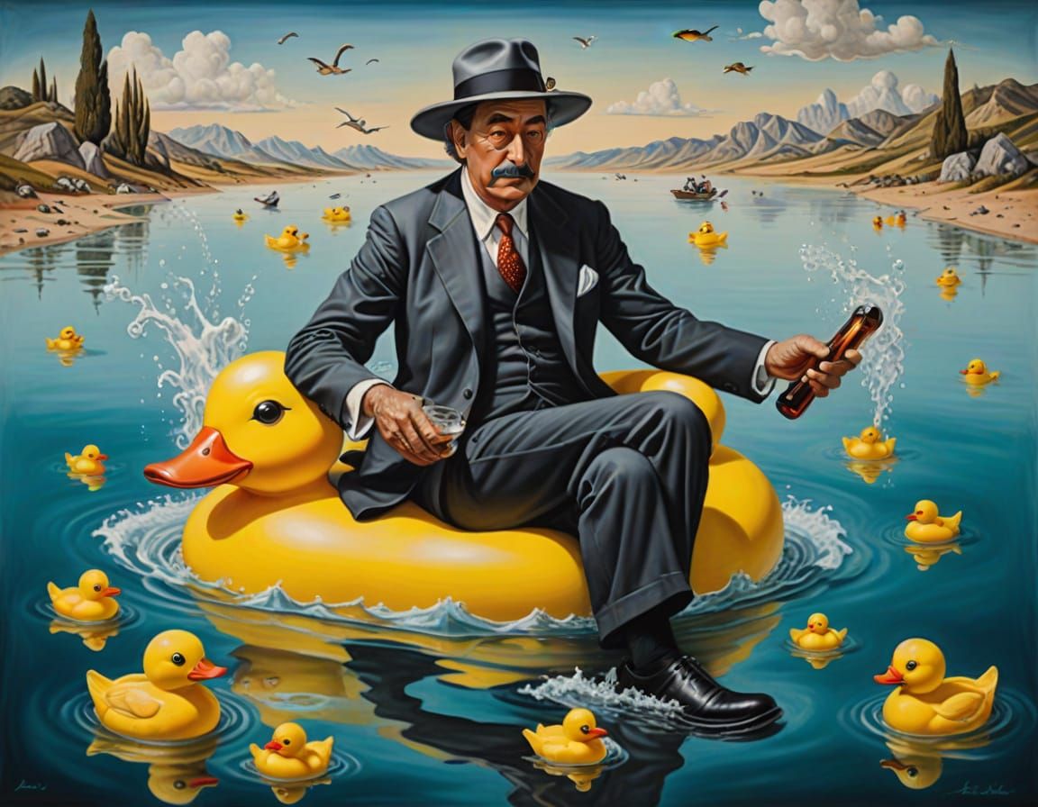 Surreal Bath Scene with Elderly Couple Fishing on Rubber Duc...