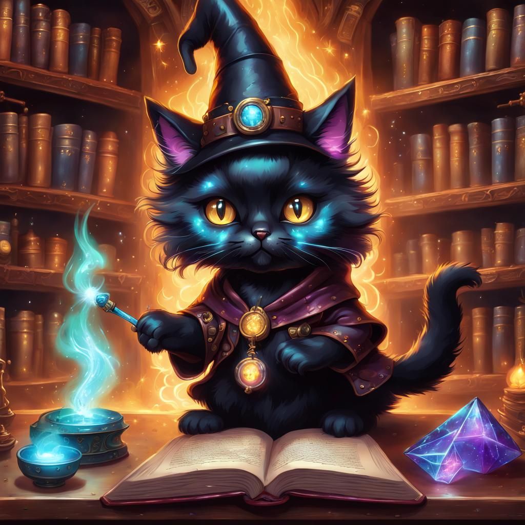 Chibi black cat wizard performing elemental magic - AI Generated ...