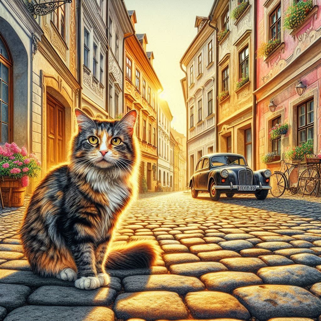 "A Furry Fellow on a Cobblestone Street"