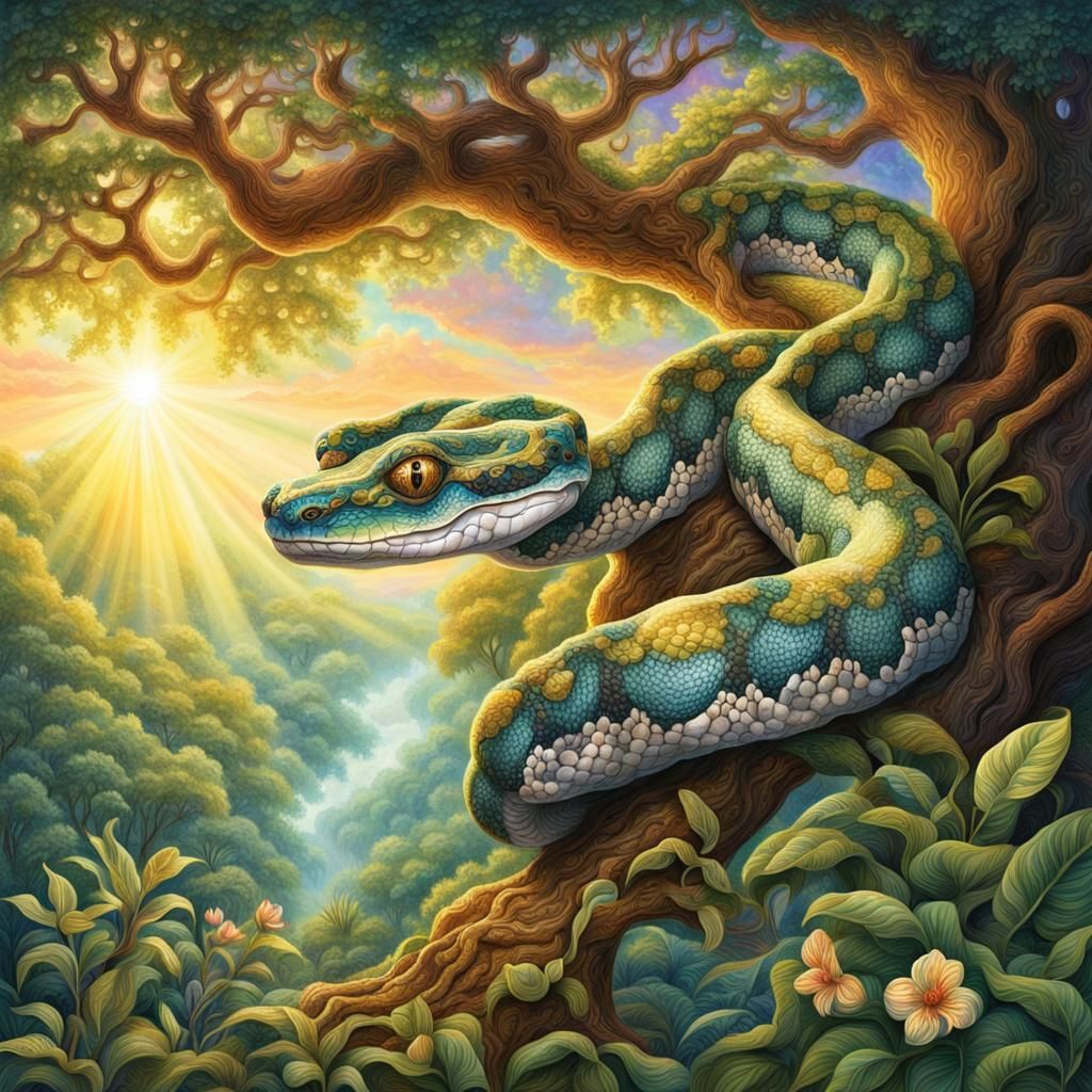 A Giant zentangle Boa Constrictor snake is would all around the branch of a large tree in the jungle ...  by @Leland Lewis