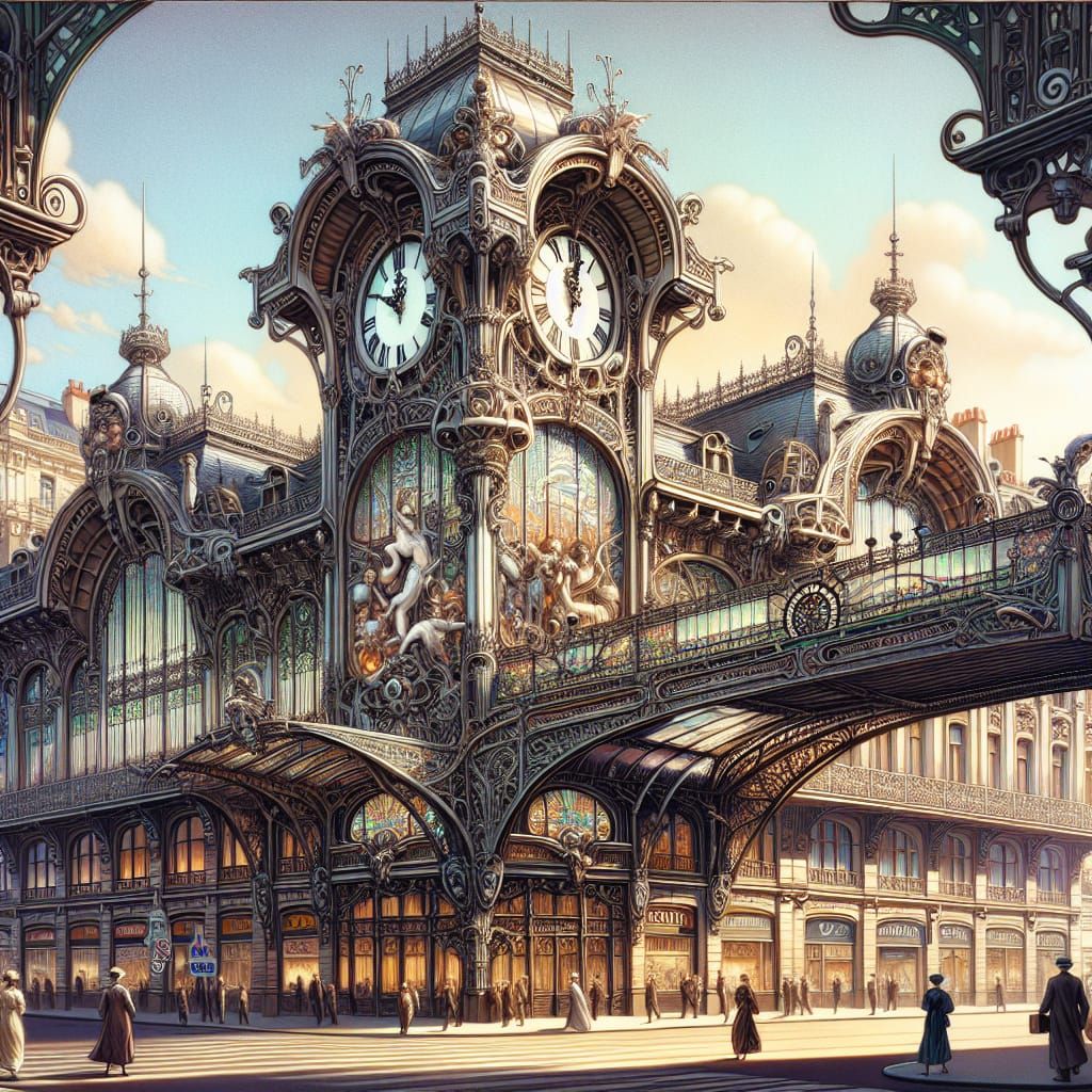 Art Nouveau Clock Tower in City Skyline