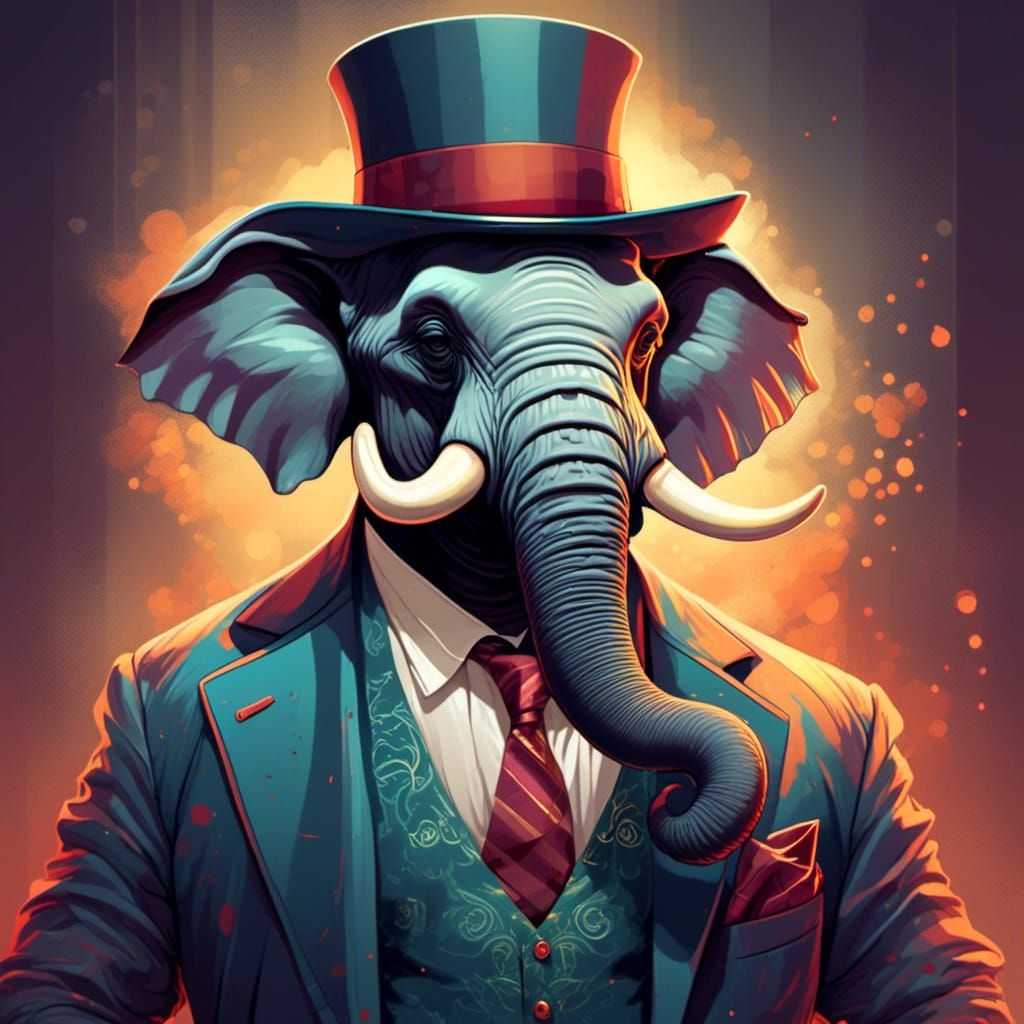 <lora:sMOky:1.0> An anthropomorphic elephant mobster boss in a zany suit and fedora, tough looking, intimidating, gradients