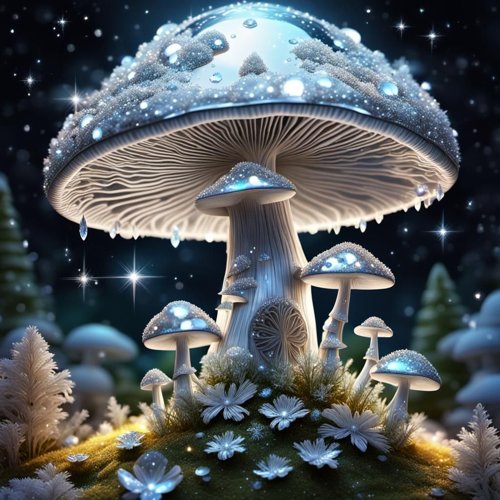 A very sparkly, silver, glittery mushroom covered in tiny white and clear diamonds. In an enchanted fairy ...  by @Barton