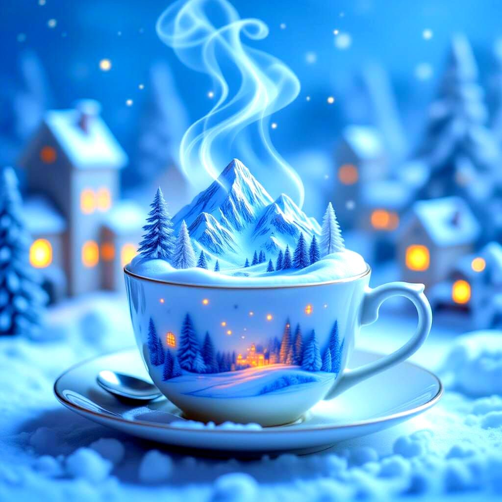 Steaming Tea Cup with Miniature Winter Landscape