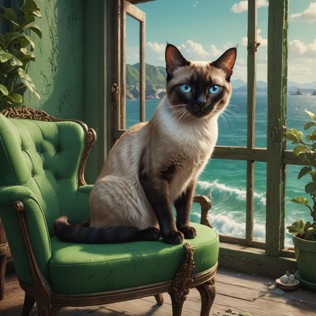 Siamese cat on green chair at window overlooking the sea