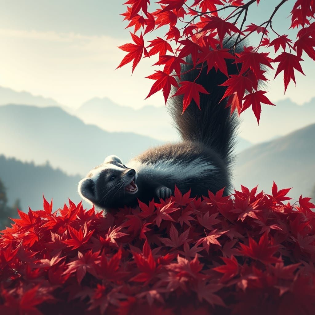 A skunk playing in a pile of red maple leaves, 