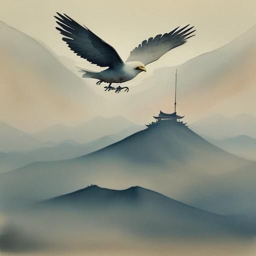 Majestic Bird Flight: Ink Wash Painting Landscape