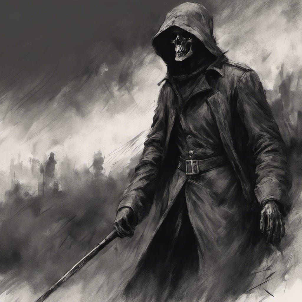 Cinematic still of the Grim Reaper in a WWI uniform, Face ob...