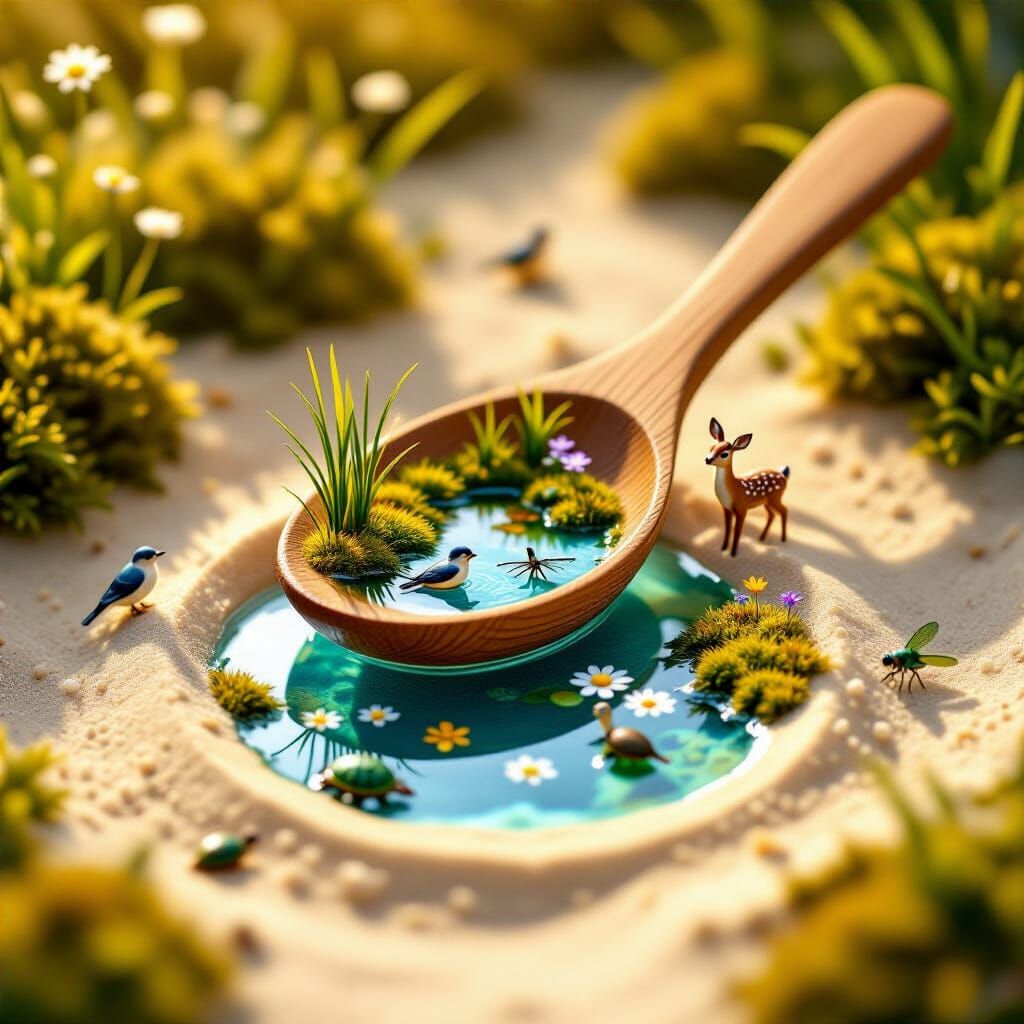 Miniature Lake in Wooden Spoon, Hyperrealistic Style
