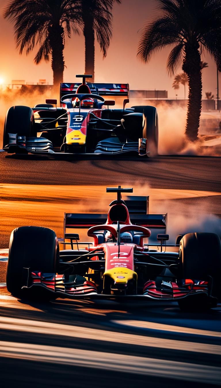 Hyperrealistic photo of a formula 1 car, redbull, palm tree ...