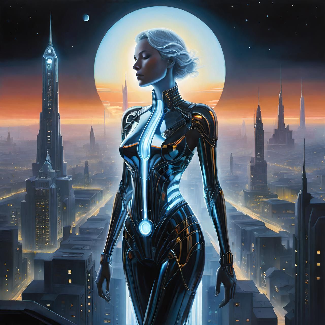 Woman in a minimalist, art-deco cityscape, her body sculpted from polished chrome and glowing neon