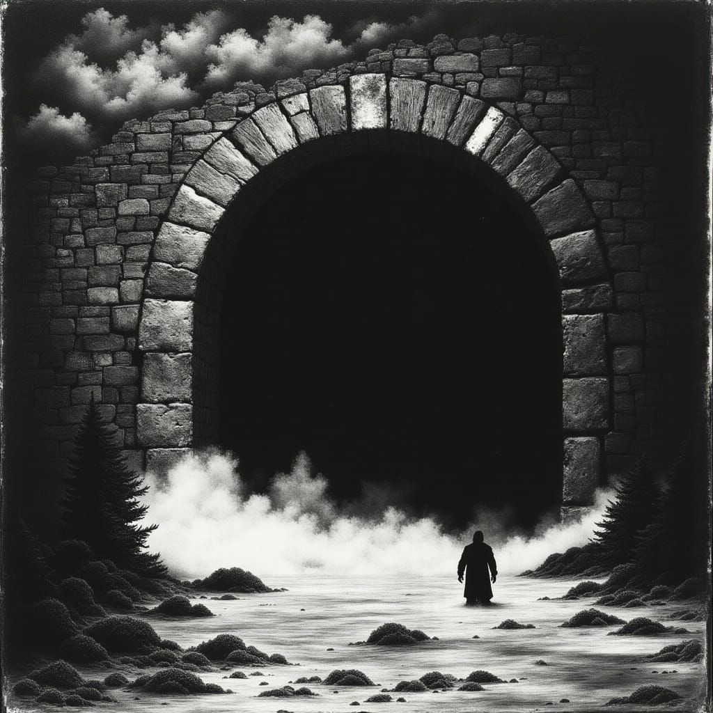 <lora:Spectral Pathways:1.3> macabre; A black and white painting of an ominous tunnel with smoke rising from the bottom, leading to what ap...