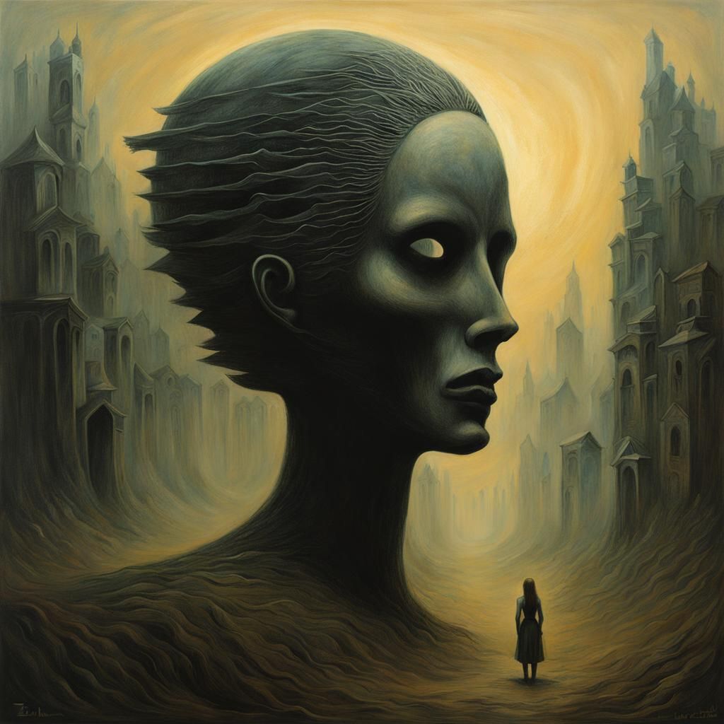 Girl with Death Mask (She Plays Alone) in the style of Zdzis...