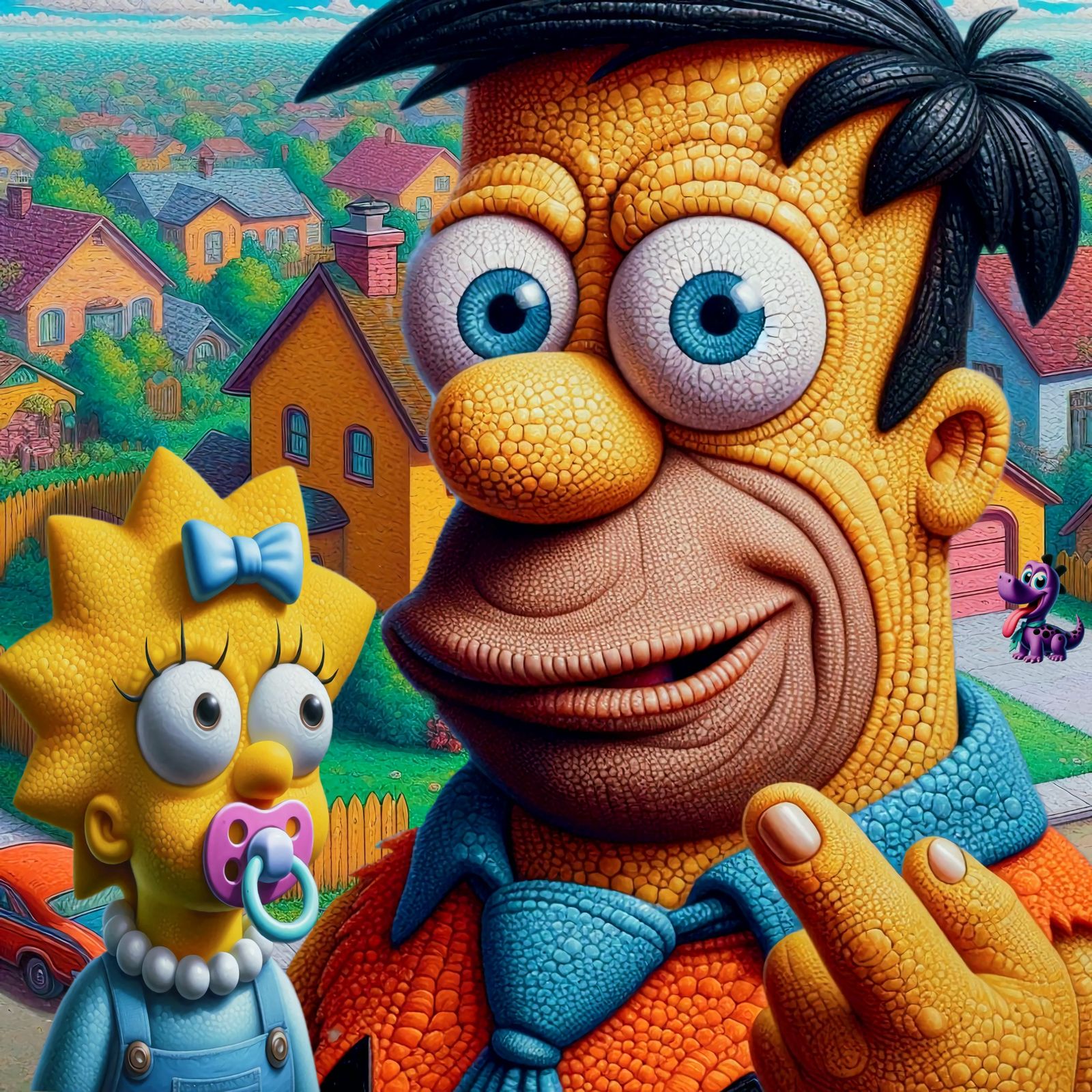 Fred Flintstone crossed with Homer Simpson.