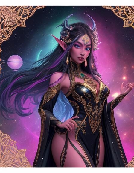 An intricately detailed blacklight poster of a jade elf with...