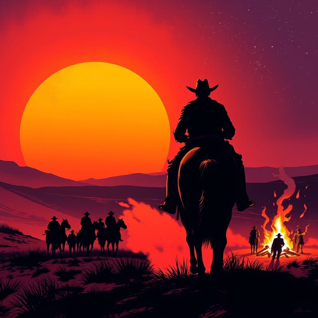 Cowboy arriving to a sunset campfire  by @ais