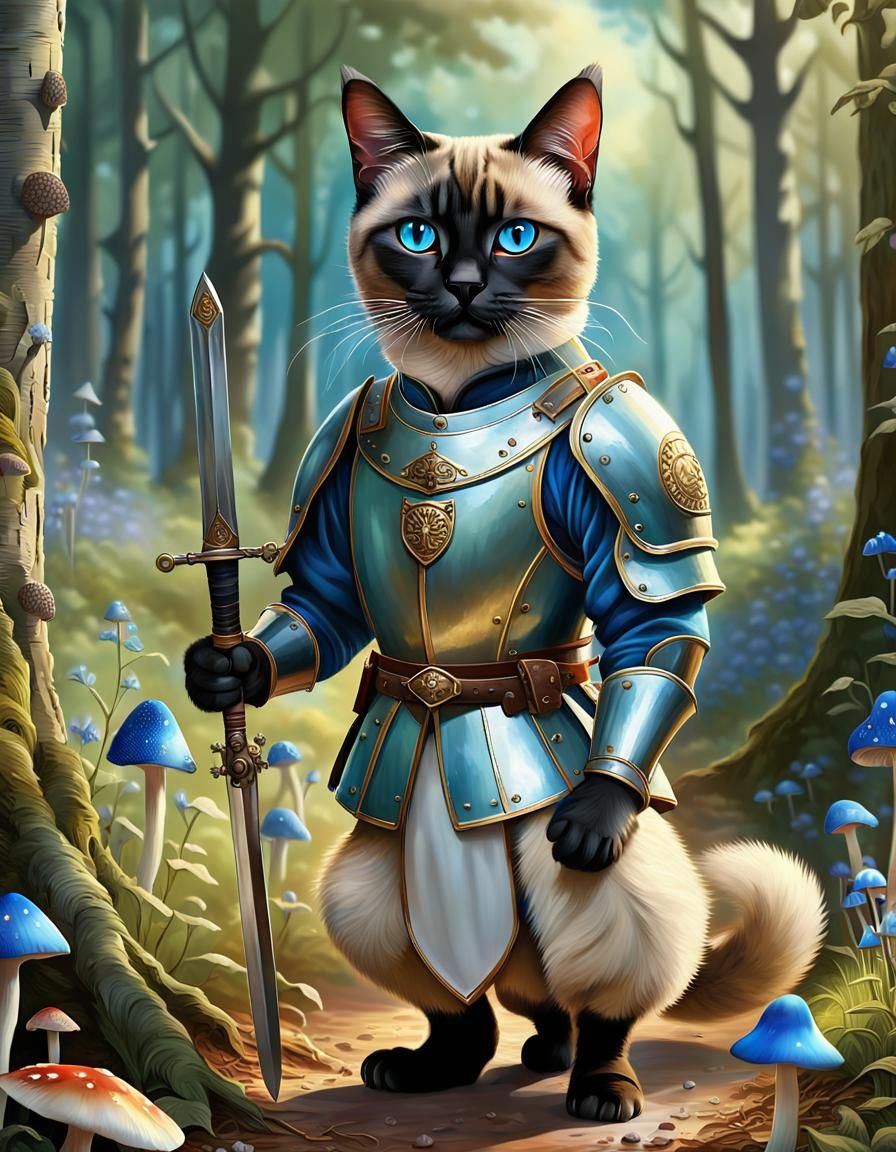 Siamese Cat in Woods Dressed as a Medieval Guard