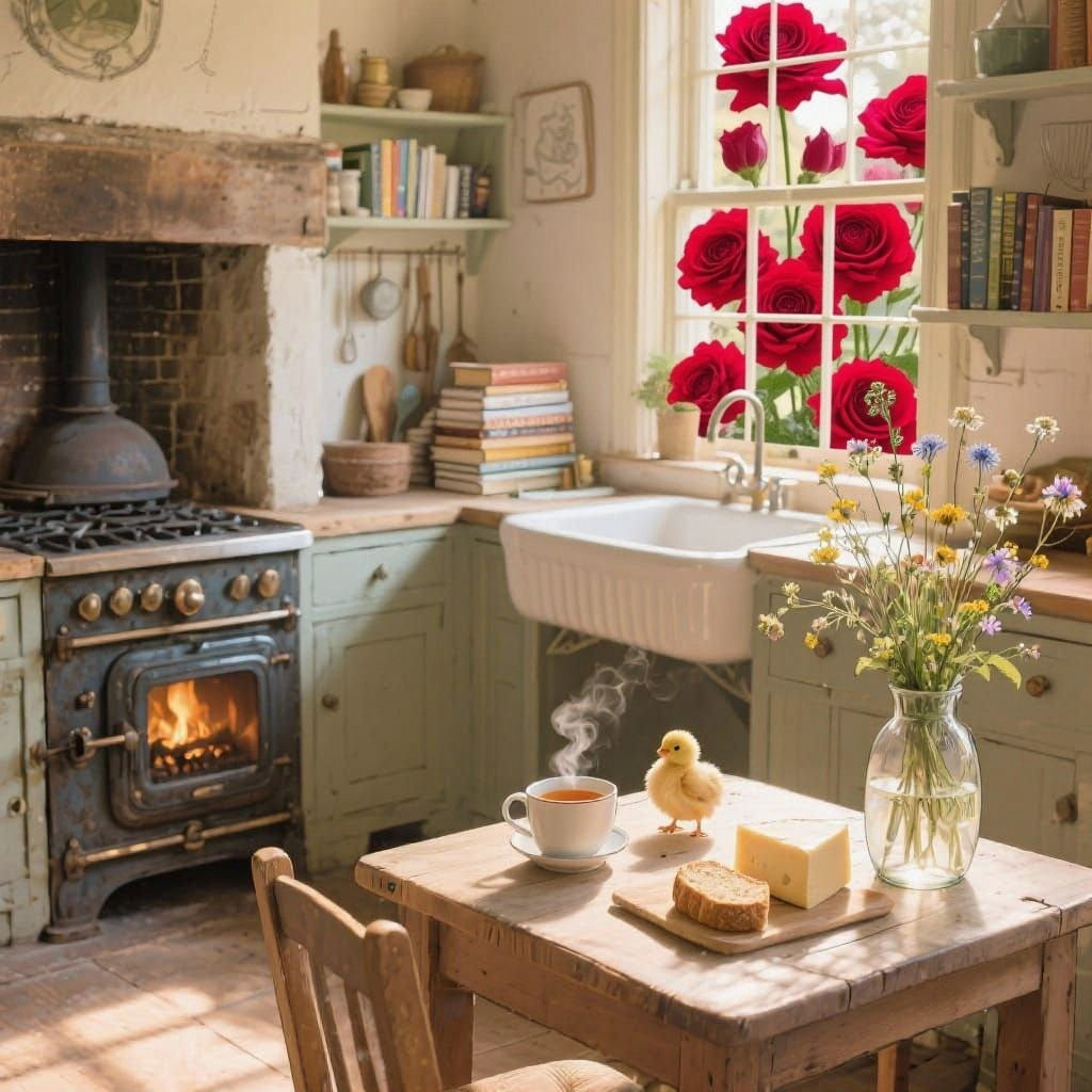 A quaint, sun-drenched kitchen with an old-fashioned stove. Old fashioned fireplace, original features, giant sink, work-table. an smaller t...